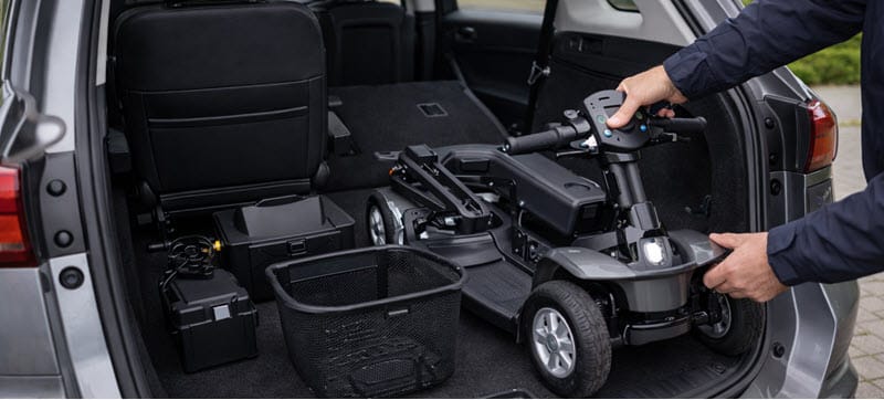 Demonteerbare scootmobiel in onderdelen in de kofferbak