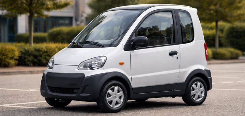 For Motion Brik scootmobiel-auto, volledig overdekt en compact, geparkeerd op een parkeerplaats