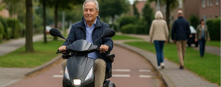 Geco scootmobiel alternatief: moderne driewiel scootmobiel op het fietspad in woonwijk