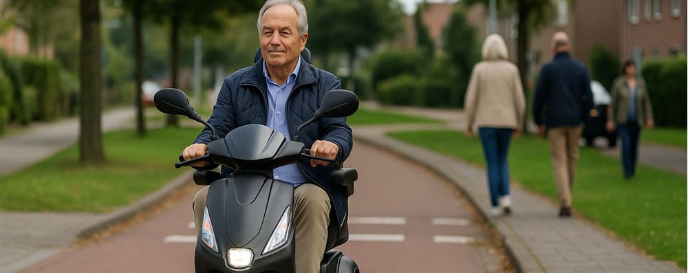 Geco scootmobiel alternatief: moderne driewiel scootmobiel op het fietspad in woonwijk