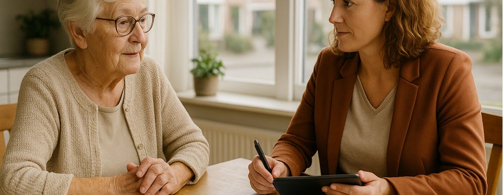 Inwoner bespreekt Wmo-aanvraag met een consulent aan de keukentafel