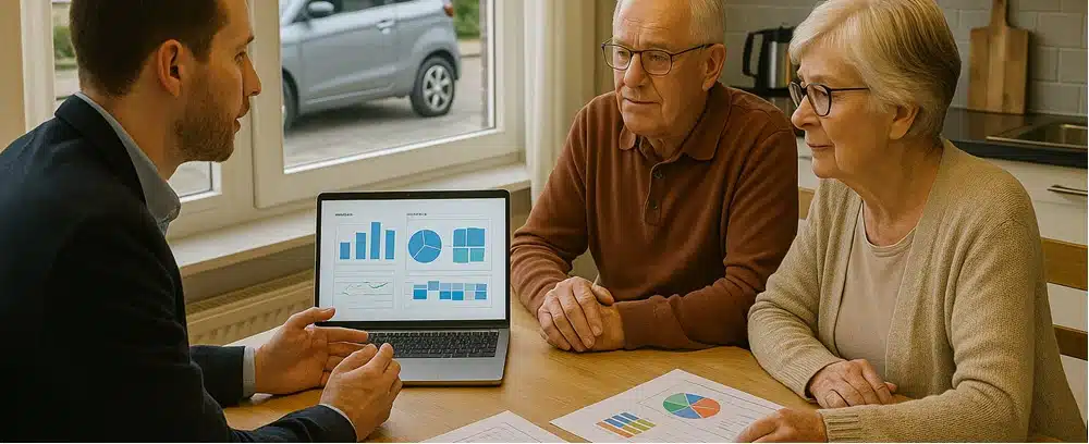 Adviseur bespreekt kosten van brommobiel in Ede met ouder stel over kopen leasen en Wmo PGB