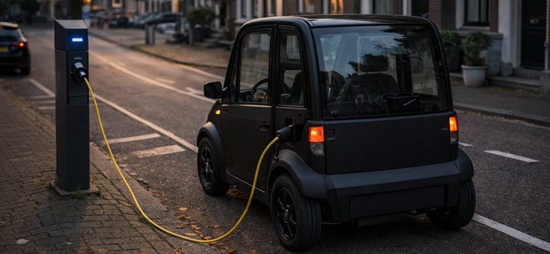 Microcar aan laadkabel tijdens opladen op een vaste parkeerplek