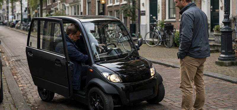 Birò-achtige microcar tijdens bezichtiging of proefrit in een rustige straat