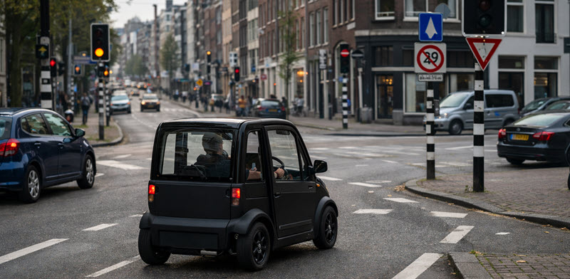 Compacte microcar op de rijbaan in een stedelijke omgeving met duidelijke verkeerssituatie