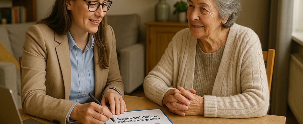 Adviseur bespreekt offerte en mobiliteitsbehoefte tijdens een keukentafelgesprek
