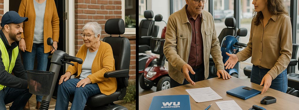 Twee situaties naast elkaar: links een scootmobiel in bruikleen via Wmo, rechts een klant die met een adviseur zelf een scootmobiel uitkiest met een PGB.