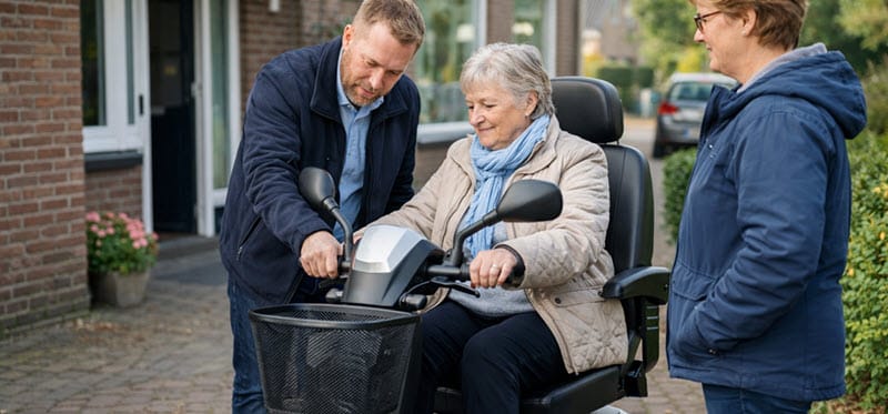 Proefrit aan huis in Apeldoorn: adviseur helpt bij instap en bediening van een scootmobiel