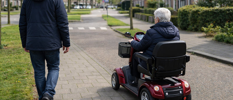 Proefrit aan huis in Nijmegen waarbij een adviseur meeloopt terwijl de gebruiker rustig rijdt.