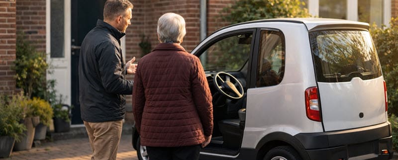 Adviseur van Scootmobiel Centrum geeft uitleg bij proefrit aan huis met een overdekte scootmobiel-auto