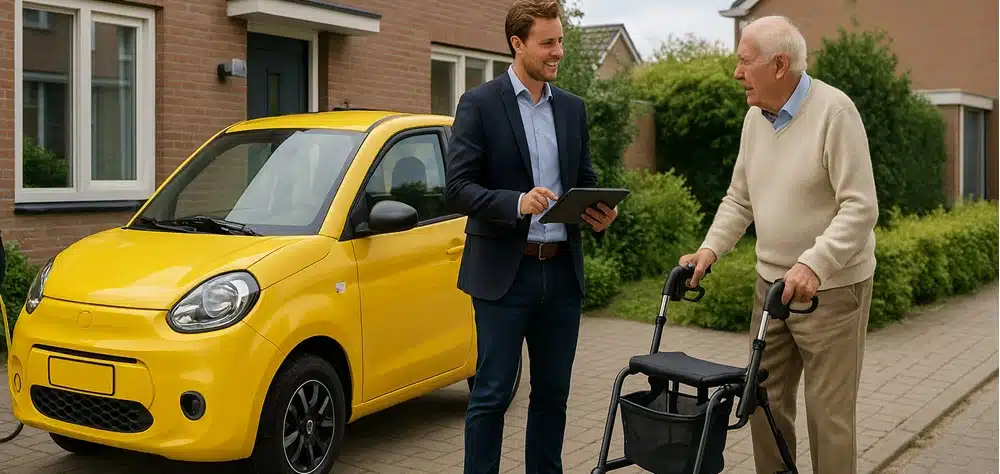 Adviseur geeft aan huis in Flevoland uitleg over brommobiel kopen, leasen, IN3 en Wmo of PGB tijdens een proefrit