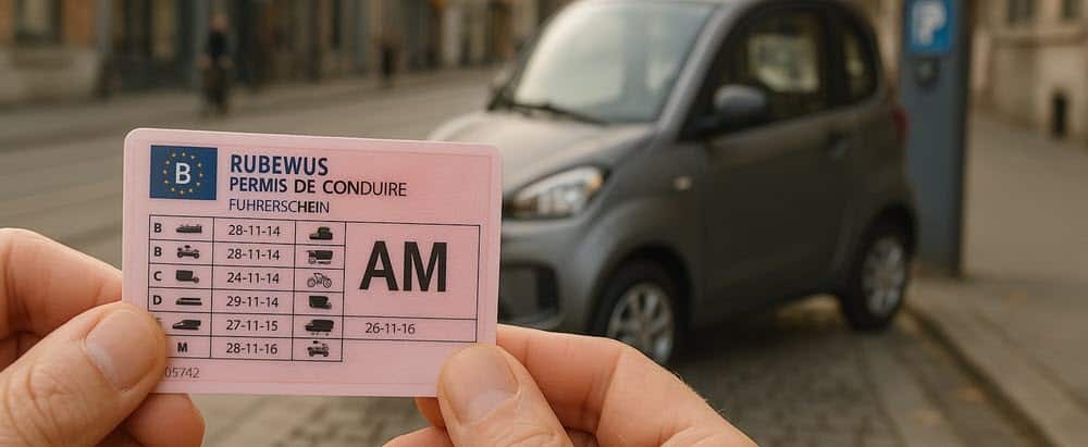 Belgisch rijbewijs AM met brommobiel in Antwerpen en LEZ- en parkeerbord op de achtergrond