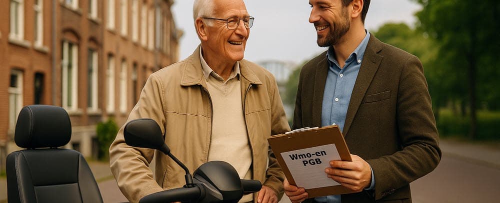 afbeelding scootmobiel aanvragen in Arnhem via Wmo of PGB met inwoner en mobiliteitsadviseur naast een moderne scootmobiel.