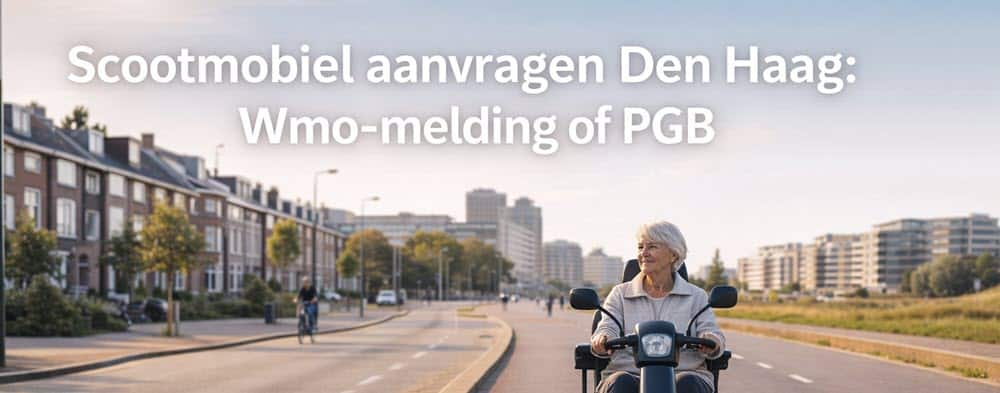 Inwoner rijdt op een scootmobiel door Den Haag voor informatie over Wmo- en PGB-aanvraag