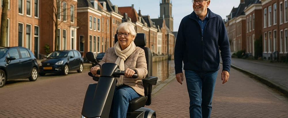 afbeelding van een inwoner die via de Wmo een scootmobiel aanvraagt in Groningen, rijdend door de binnenstad met mantelzorger naast zich.