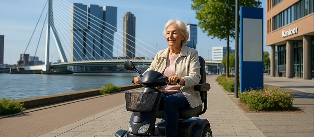 Scootmobiel aanvragen in Rotterdam via Wmo of PGB met een zelfstandige scootmobielgebruiker op een breed trottoir in Rotterdam.