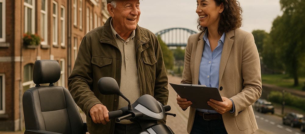 Wijkcoach in Arnhem bespreekt met een inwoner de Wmo-aanvraag voor een scootmobiel aan de keukentafel.