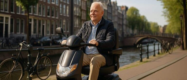 man die rond op door een scoomobiel aan te vragen via de wmo of pgb via de gemeente amsterdam