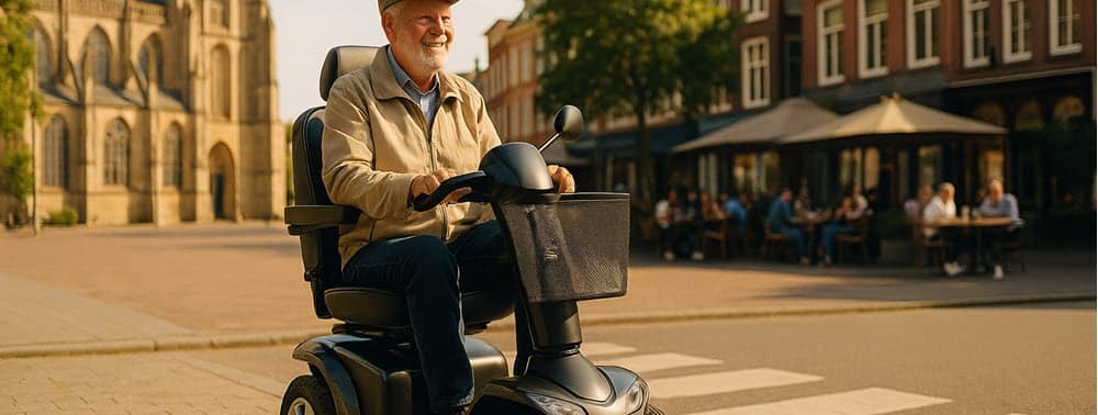 Oudere man op een scootmobiel in het centrum van Arnhem met de Eusebiuskerk op de achtergrond.
