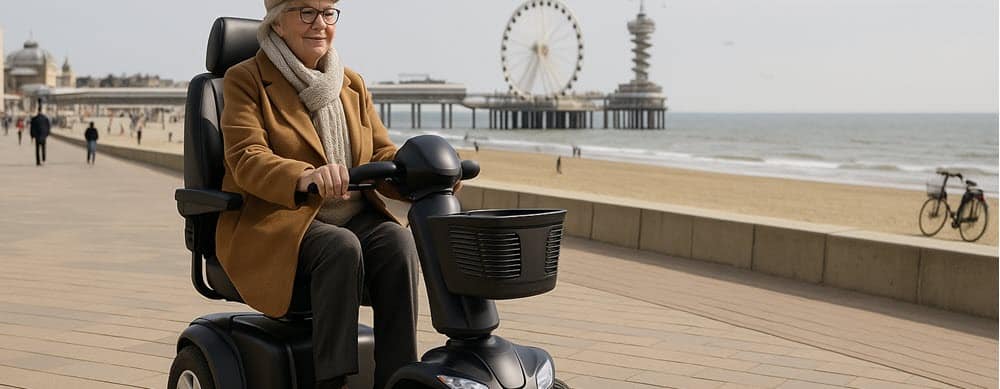 Persoon rijdt op een scootmobiel langs een boulevard in Den Haag