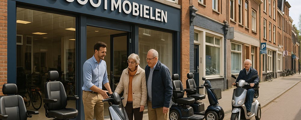 Scootmobiel Centrum in Groningen met adviseur en klant die een scootmobiel uitproberen voor aankoop