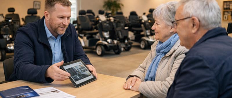 Scootmobiel kopen of leasen in Apeldoorn: adviesgesprek in showroom met meerdere modellen