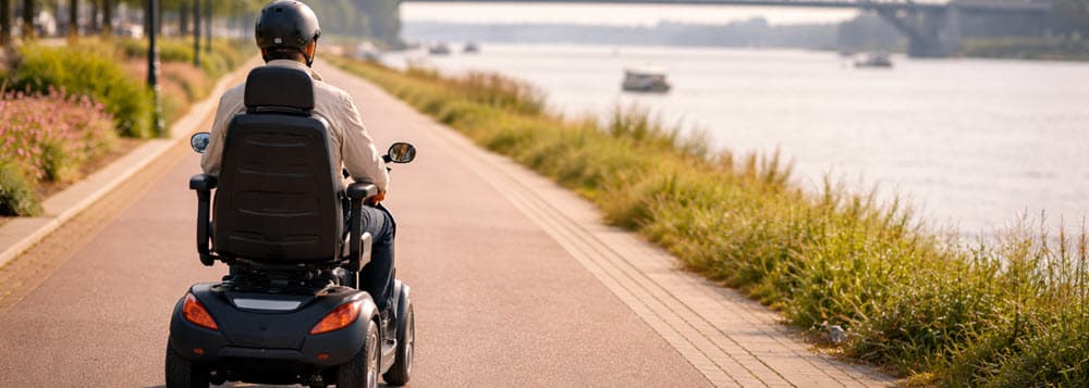 Scootmobiel rijden in Nijmegen langs de Waal met de Waalbrug op de achtergrond