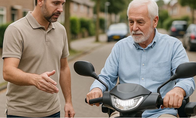 scootmobiel wordt thuis getest tijdens proefrit aan huis