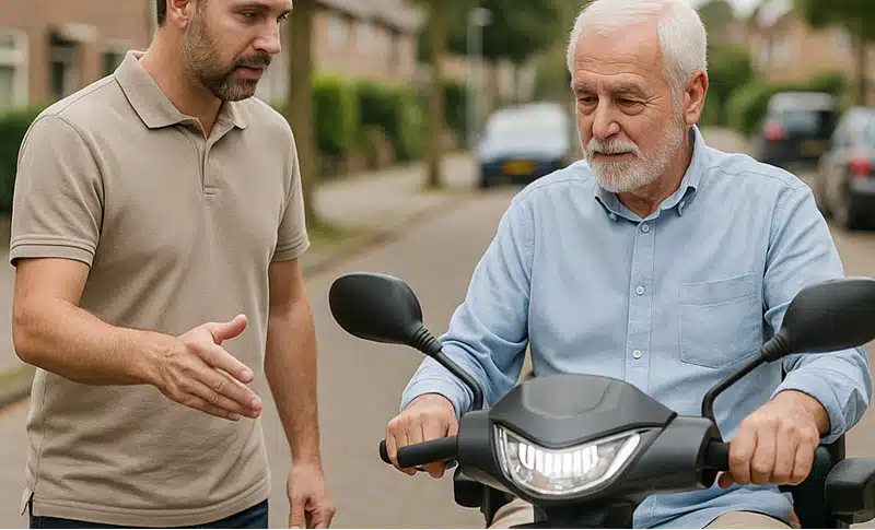 scootmobiel wordt thuis getest tijdens proefrit aan huis