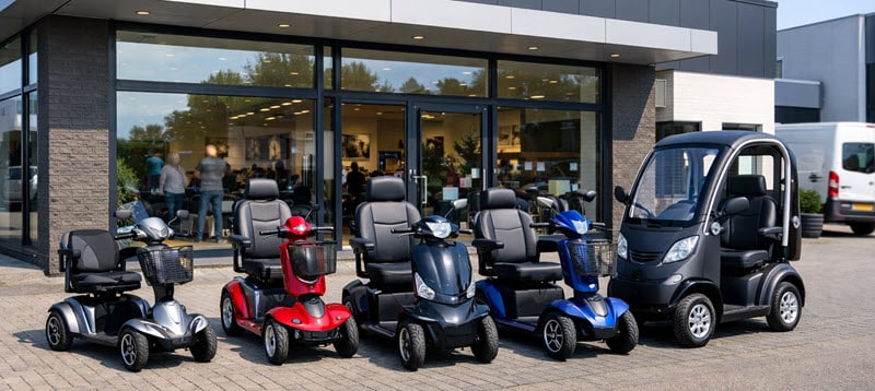 Showroom Scootmobiel Centrum in Duiven bij Arnhem met scootmobielen klaar voor proefrit.