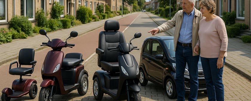 hogo scootmobiel kopen? eerst alternatieven vergeleken met open scootmobiel, 4-wiel scootmobiel en overdekte 45 km scootmobiel auto naast elkaar op een Nederlands woonerf