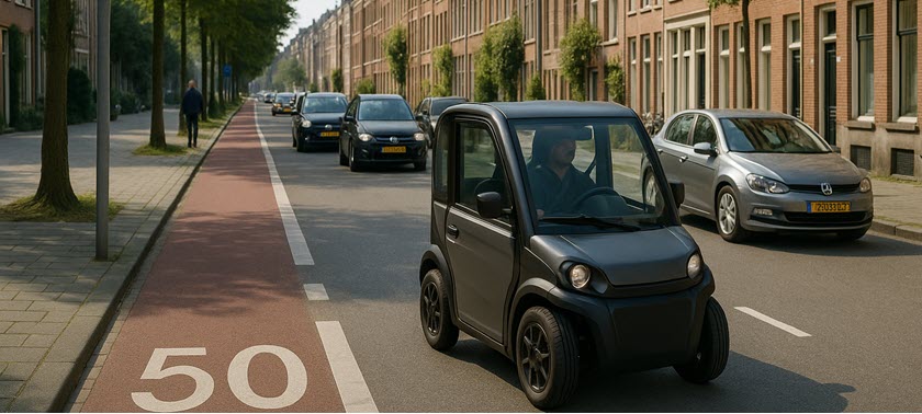 Biro-achtige brommobiel die op de rijbaan rijdt naast fietspad en stoep ter illustratie van waar je met een Biro mag rijden