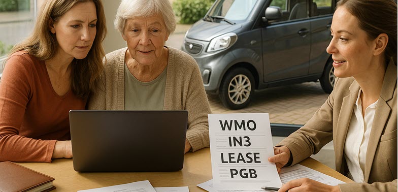WMO-consulent die met klant en dochter Econelo scootmobiel alternatieven bespreekt, inclusief rijbewijsvrije scootmobiel auto met lease, IN3 en PGB-mogelijkheden