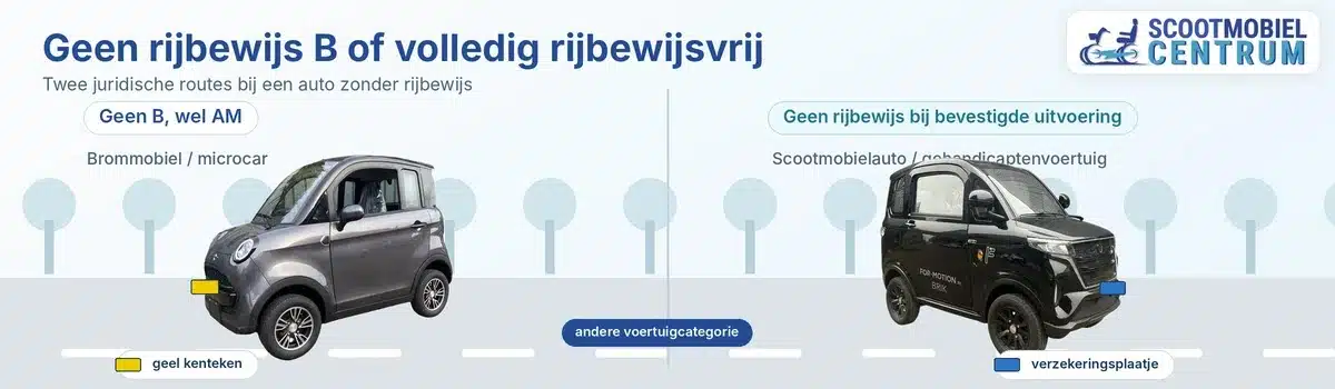 Brommobiel met geel kenteken naast gesloten scootmobielauto met verzekeringssticker