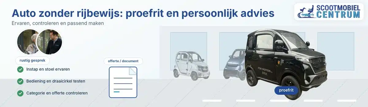 Proefrit met gesloten auto zonder rijbewijs en uitleg over instap en bediening