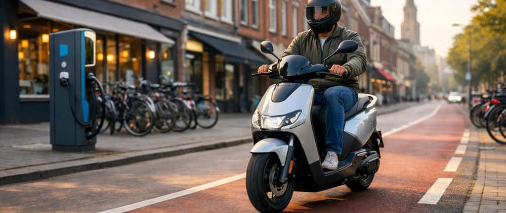Elektrische scooter op het fietspad in Tilburg, ideaal voor snelle en stille stadsritten