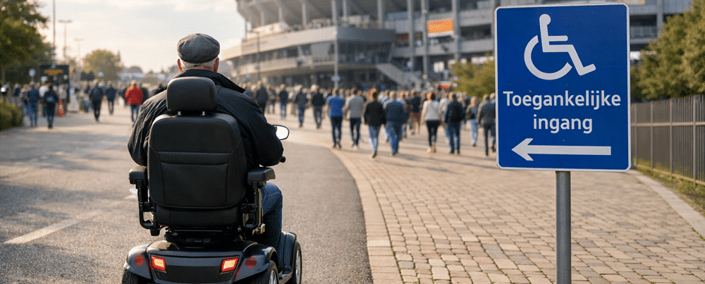 Supporter met scootmobiel op toegankelijke stadionroute tijdens een voetbalwedstrijd