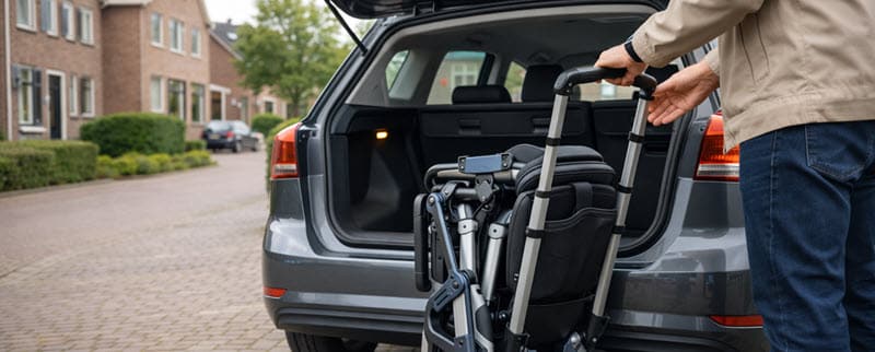 Opvouwbare scootmobiel ingeklapt in kofferbak voor makkelijk vervoer in Amersfoort