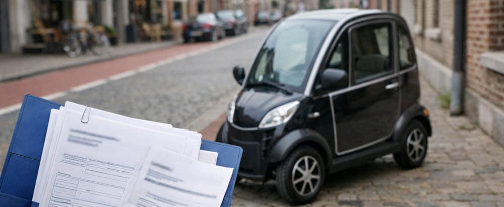 Overdekte scootmobiel in België met CoC en verzekeringspapieren als beeld bij wetgeving en inschrijving