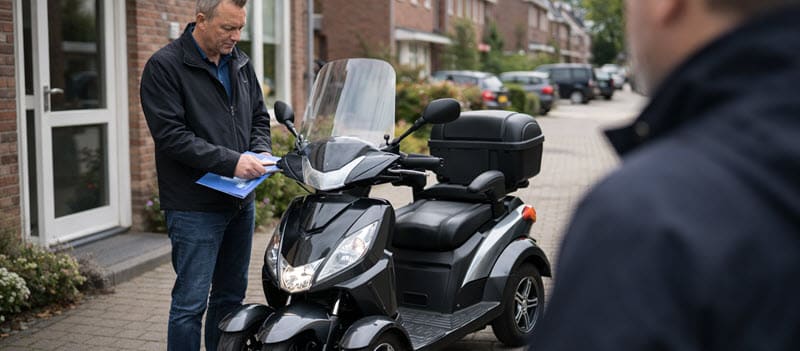 Adviesmoment tijdens een proefrit aan huis met een scootmobiel, gefotografeerd in liggend formaat.