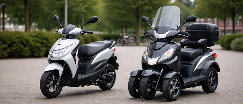 Overzichtsfoto met scooter en scootmobiel naast elkaar, bedoeld als keuzehulp (geen tekst in beeld