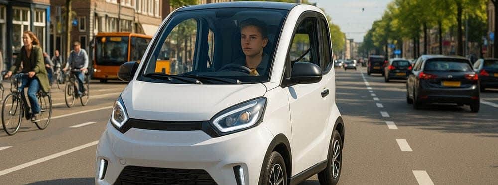 Rijbewijsvrije 45 km auto in een drukke Nederlandse stad, rijdend zonder autorijbewijs
