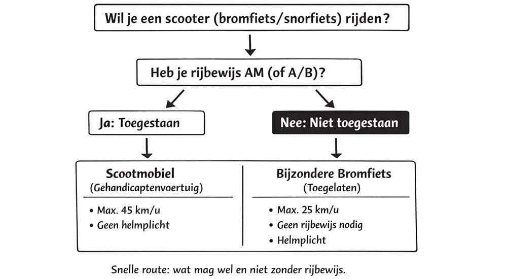 Beslisboom met de hoofdregel voor scooter (AM) en rijbewijsvrije alternatieven zoals scootmobiel en bijzondere bromfiets.
