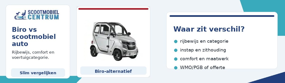 Biro vs scootmobiel auto vergelijken op rijbewijs comfort en voertuigcategorie