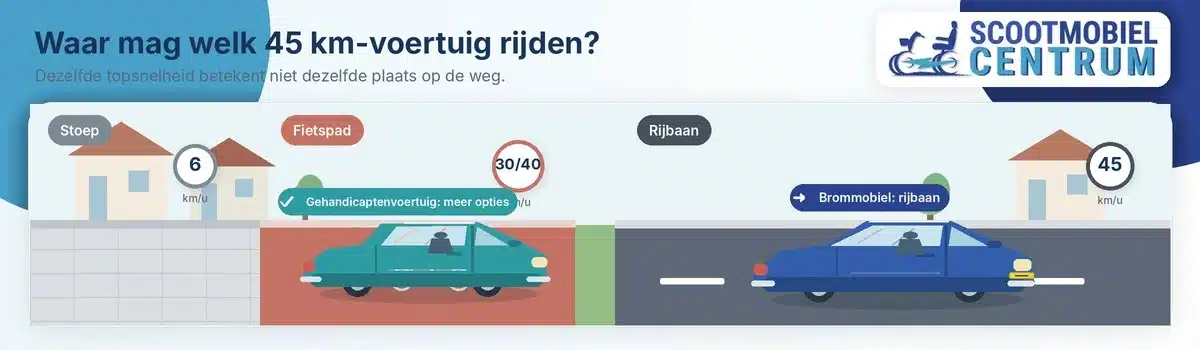Brommobiel op de rijbaan en gehandicaptenvoertuig op stoep fietspad en rijbaan