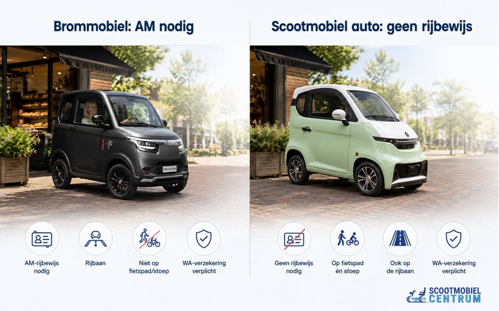 Verschil tussen brommobiel met AM rijbewijs en scootmobiel auto zonder rijbewijs