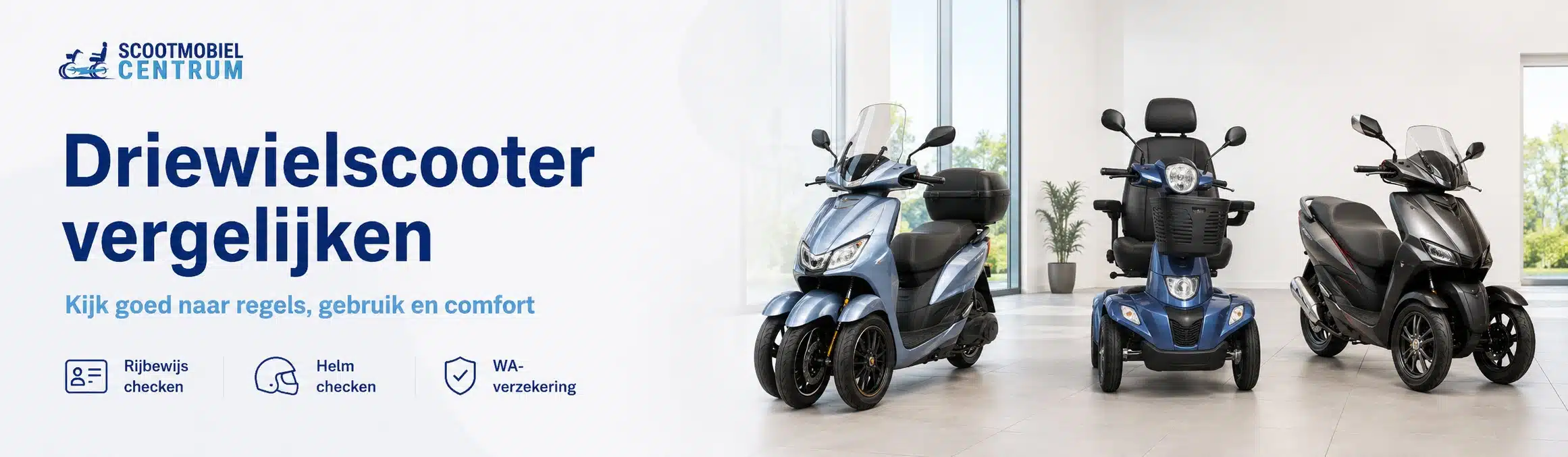 Driewielscooter, klassieke 3-wiel scootmobiel en bromscooter naast elkaar