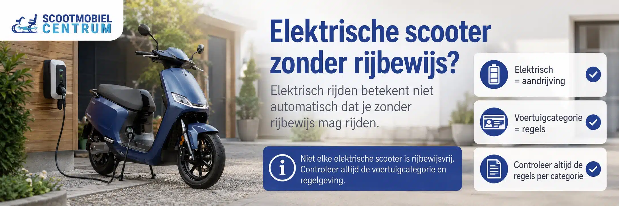 Blauwe elektrische scooter bij een laadpunt
