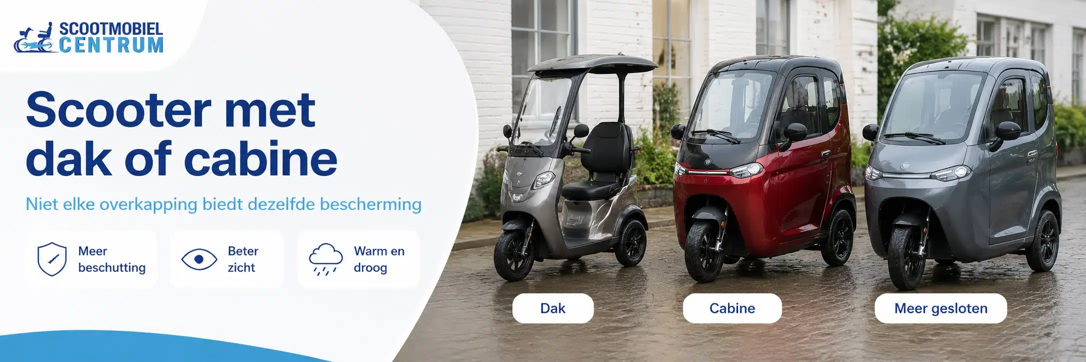 Scooter met dak, open overkapping en gesloten cabine naast elkaar