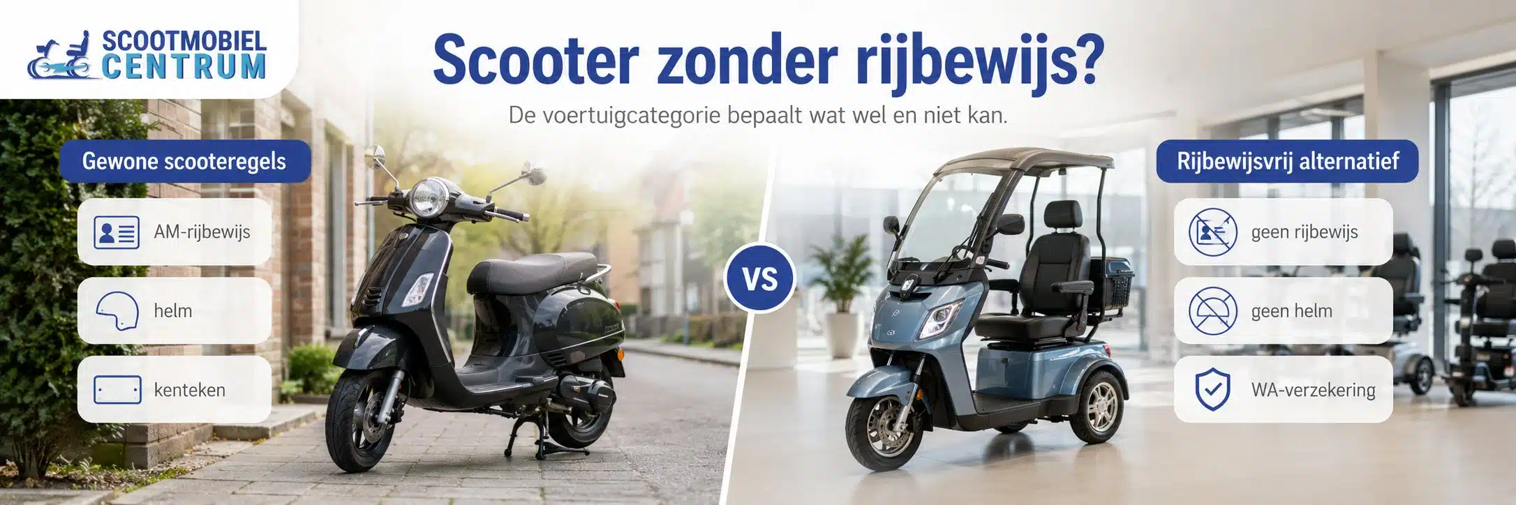 Gewone zwarte scooter naast een blauwe scooterachtige driewieler